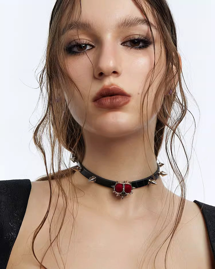 Evil Girl Spiked Red Heart Choker
