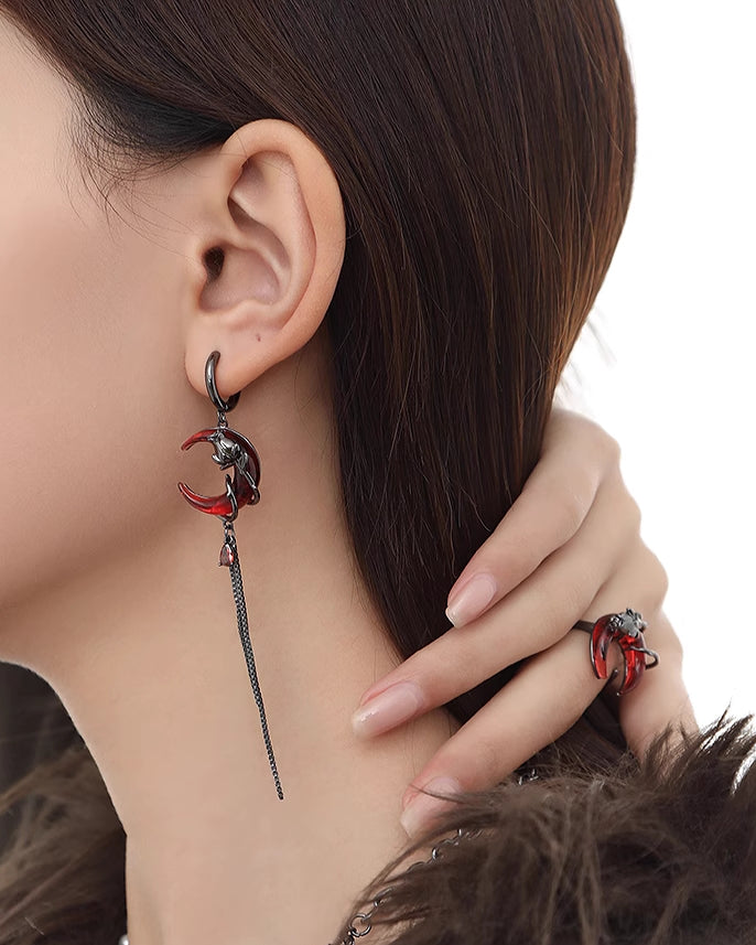 Rose Crescent Moon Asymmetrical Earrings
