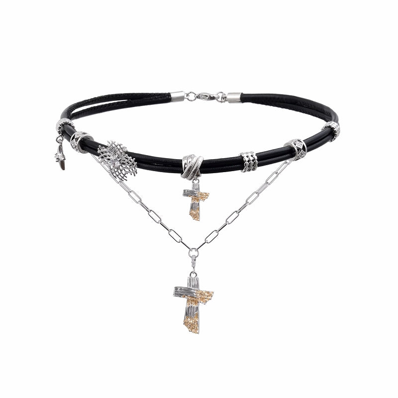 Gold Foil Ashes Cross Double Leather Necklace