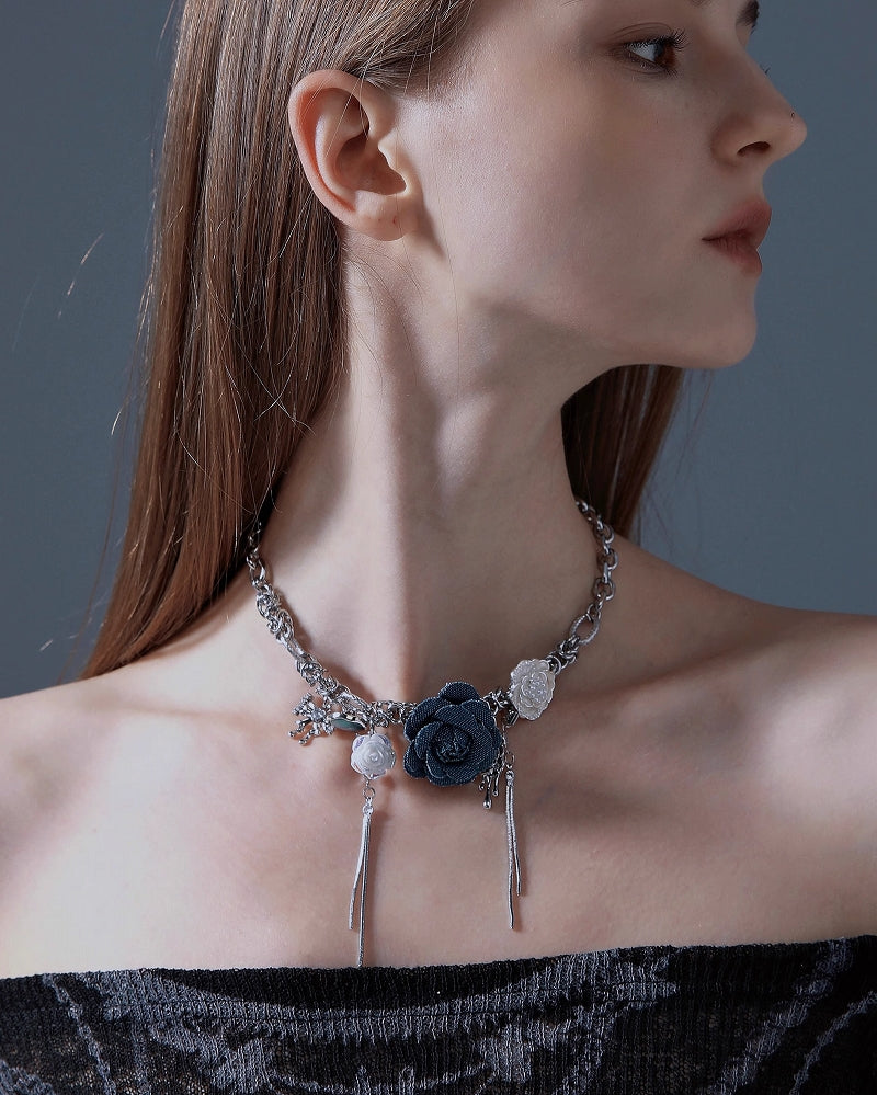 Blue Rose Tassel Necklace