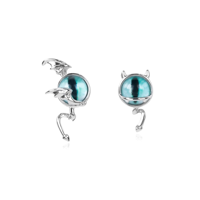 Little Devil Green Cat's Eye Asymmetric Earrings