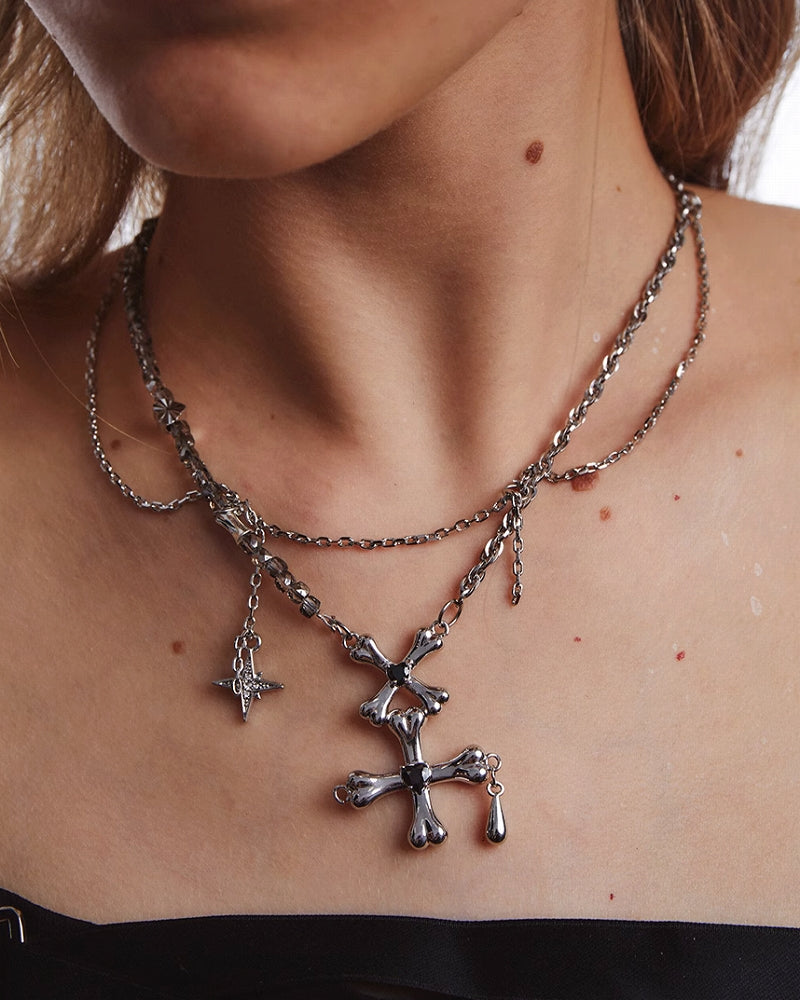 Bone Cross Star Tassel Necklace