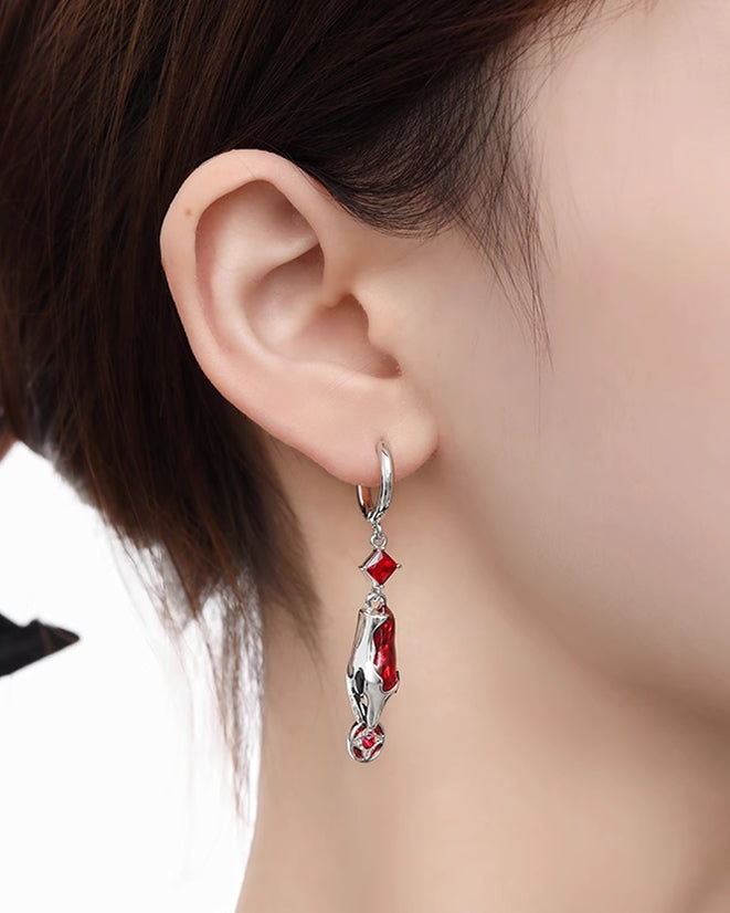 Red Snake Head Coin Asymmetrical Earrings