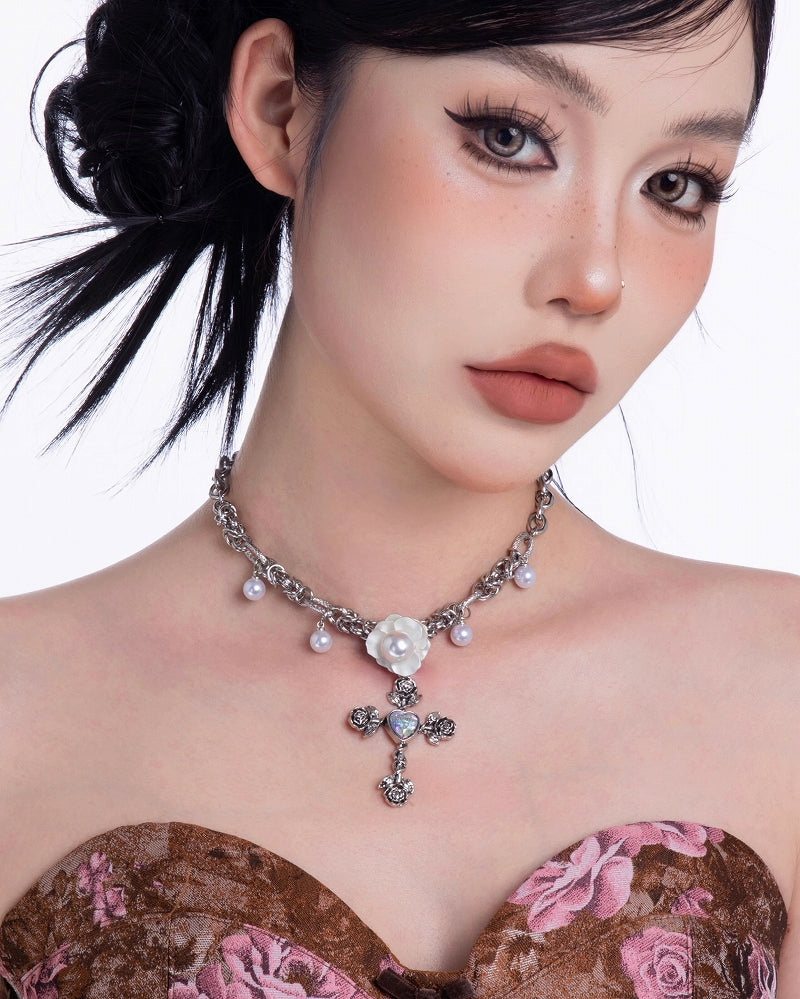 Flower Cluster Rose Cross Necklace