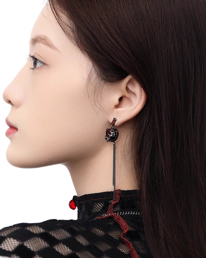 Pomegranate Red Heart Asymmetrical Earrings