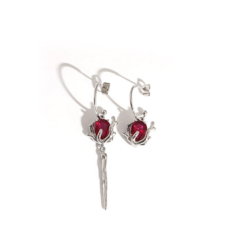 Dark Red Asymmetrical Rose Earrings