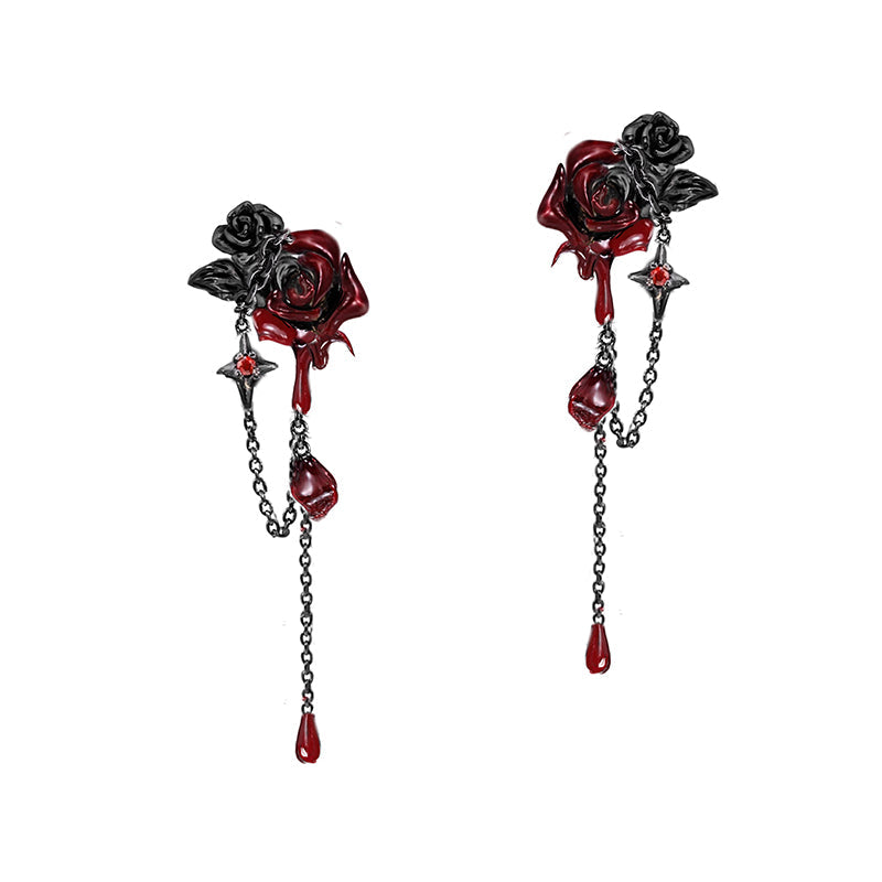 Thorn Red Rose Tassel Earrings