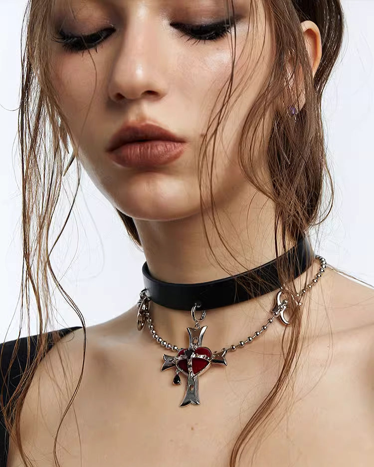 Evil Girl Crazy Flower Cross Heart Choker