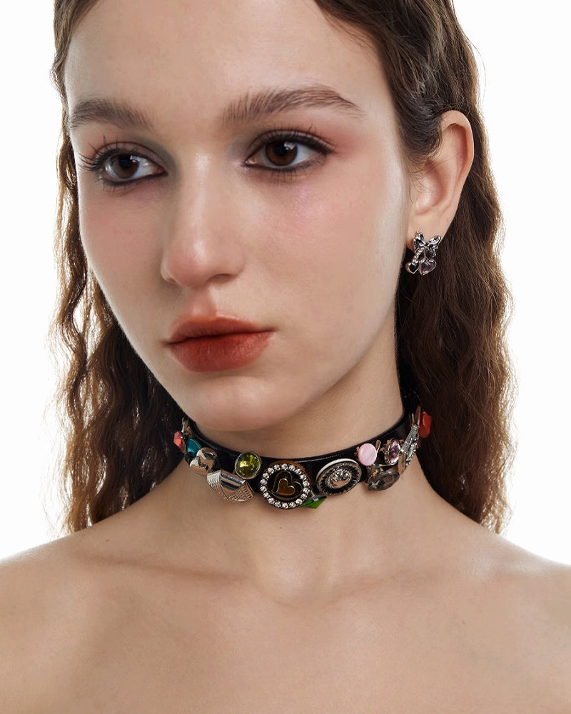 Leather Rose Colorful Button Choker