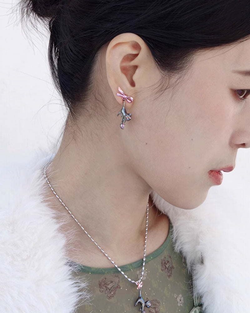 Black Cat Pink Bow Earrings