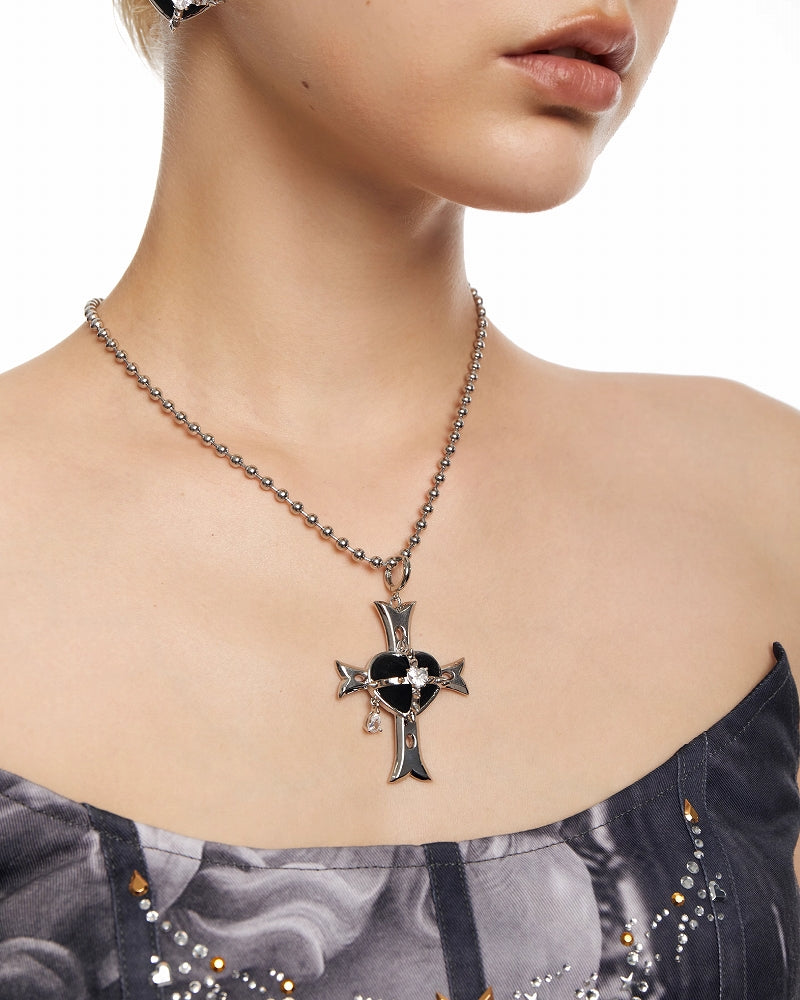 Black Hearted Evil Woman Cross Necklace