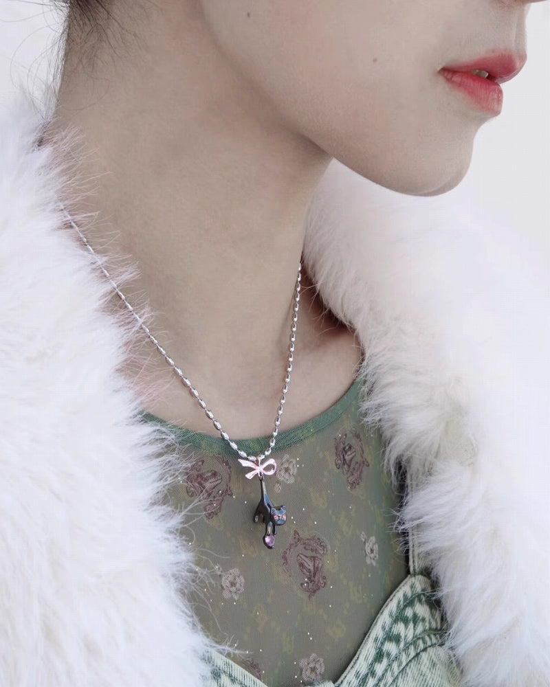 Black Cat Pink Bow Necklace