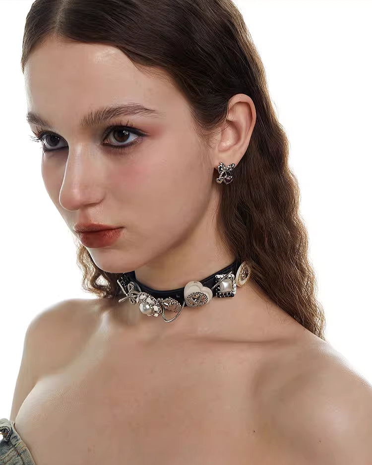 Leather Rose Belt Button Choker