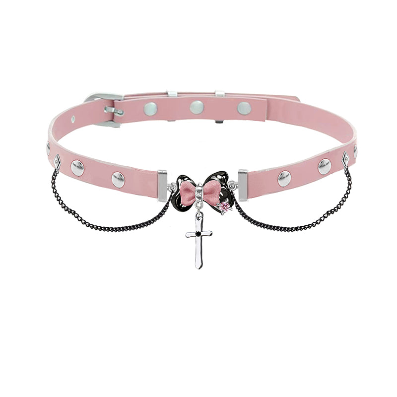 Black & Pink Bow Cross Choker