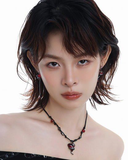 Wine Red Love Snake Asymmetrical Earrings