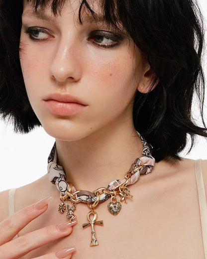 Key of Life Cross Silk Scarf Necklace