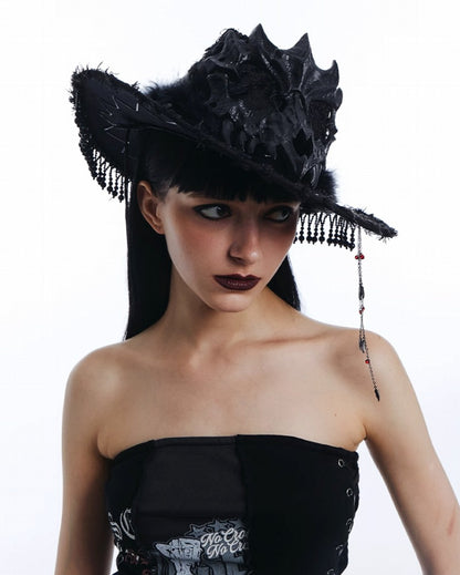 Skull Mask Feather Dark Witch Hat