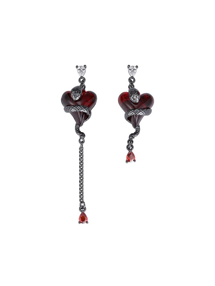 Wine Red Love Snake Asymmetrical Earrings