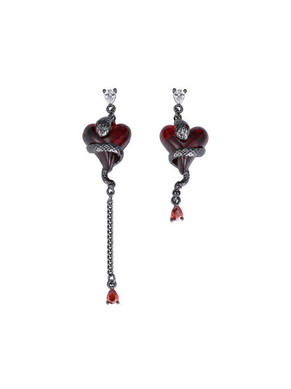 Wine Red Love Snake Asymmetrical Earrings