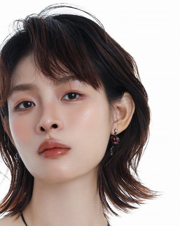 Wine Red Love Snake Asymmetrical Earrings