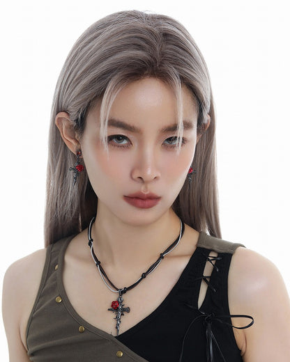 Rose Thorn Cross Layer Necklace