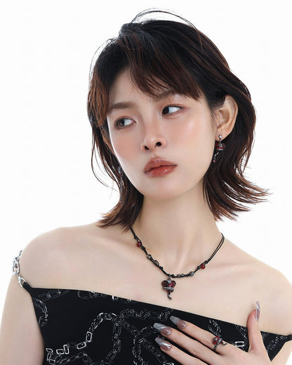 Wine Red Love Snake Asymmetrical Earrings