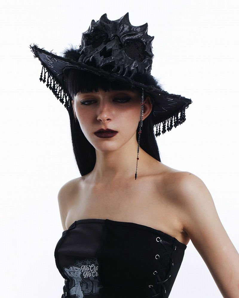 Skull Mask Feather Dark Witch Hat