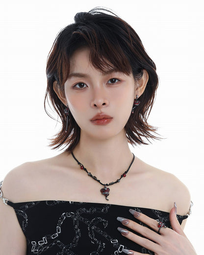 Wine Red Love Snake Asymmetrical Earrings